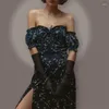 Casual Dresses 2024 Autumn Women's Clothing Sexig off-the-shoulder puffhylsa midja slits blommig klänning mode