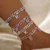 Anklets Pink Rhinestone Butterfly Cuban Link Chain For Women Gold Silve Color Metal Chunky Ankle Bracelet Fashion Punk Jewelry