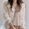 Frauenblusen Hemden koreanischer Stil SWT Weiße Blusen für Frauen Spitzenbluse Bluse Floral Hemd V-Neck Flare Slve Tops für Damen 13037 2024 New Y240426