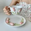 Sets Creative Coffee Cup Ceramic Pink Tulip Flower Tea Mug Coffee Afternoon Tea Cup Cake Plate Assiettes Mariage Kitchen Accessories