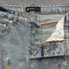 Paarse merk jeans shorts street trend heren raw rand inkt splatter verf midden broek stretch skinny fit gat patch denim 240415