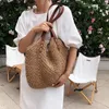 Drawstring Casual Large Capacity Straw Tote Bag Hollow Woven Women Shoulder Bags Summer Beach Lady Handbag Big Shopper Travel Sac 2024