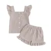 Set di abbigliamento bambine outfit estate a 2 pezzi abbuffi a bottone a piattaforma e pantaloncini elastici vestiti carini