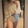 Ny Bikini Sexig rygglös hög midja som täcker magen Slim Fashion Svart och vit randig delad baddräkt för kvinnor