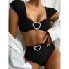 Bikini negro de la cintura alta traje de baño sólido