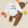 Kledingsets Thanksgiving Baby Boy -outfit Little Turkije lange mouw Romper Drawtring broek en hoed 3 stcs herfstkleding