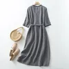 Casual jurken limiguyue korte mouw v nek kleine geruite zomerjurk vrouwen katoen linnen vintage grijze a-line vestidos riem e429