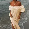 Femmes décontractées Solid Slit Long Robe Hawaii Sweet Ruffles One épaule Vocation Summer Coton à manches courtes Summer 240424