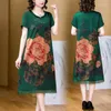 Partykleider Frauen chinesische grüne Seide Satin Kleid Sommer Kurzarm Eleganter Luxusabend 2024 Koreanisches Vintage Festival