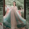 Ethnische Kleidung Frauen Mesh Hanfu Anzug Fairy Cosplay Kostüm Brust Länge Kleid Volk Tanz Kostüm Elegante Sommer Alte traditionelle Kleidung