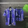 Men's Tracksuits Shorts Praia Print Green Flame Print Loose Hawaiian Shirts Surfras 2 Peças Conjunto de verão Masculino casual nos conjuntos de roupas de férias 3336