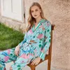 Ins stil design is siden flamingo pyjamas kvinnor vår sommar långa ärmar byxor hem kostym växtblommor sömnkläder kvinnlig 240426