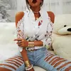 Women's Blouses Shirts Womens Sexy Hollow Out Print Blouses Elegant Short Slve Lace Shirt V-Neck Female Strapless Blouse Casual Tops Summer 19361 Y240426