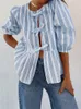 Bluzki damskie przednie krawatowe koszule 2024 Summer Puff Sleeve Stripe Topss i jesienne eleganckie streetwear