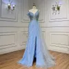 2024 Sexig blå aftonklänning Romantiska paljetter Hög splittring från axeln a-line golvlängd prom klänning vestidos de novia