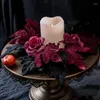 Decorative Flowers 25cm Halloween Candlestick Wreath Holder Artificial Rose Black Leaves Candle Ring Garland Table Centerpiece