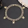 Fußkettchen rosa Strass Schmetterling Kubanische Linkkette für Frauen Gold sie Farbe Metall Chunky Knöchel Armband Fi Punk Schmuck i3vp#