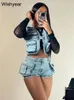 Sexy denim lading multi -zakken rits mouwloze vestjassen crop tops en shorts dames tweedelige set straat stretch jeans pak 240425