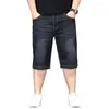 Mäns jeans Summer Thin Denim Shorts Män sträckte lös hög midja plus storlek 40 44 46 48 Half Grey Black Capri Cropper byxor