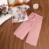 Kleidungssets 4-7 Jahre Kleinkind Girls 2pcs Sommeroutfits von Schulterblumendrucktops Weitbein Hosen Set Kids Mode Kleidung