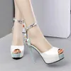 Kvinnor Fashion Floral Print Patchwork Sandals 2024 Summer Platform Super High Heels 12cm Lady Crystal Buckle Peep Toe Shoes Party 240424