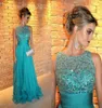 Vestidos de noite de cristal de cristal verde azul