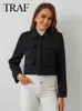 Traf Woman Black Fashion avec volets Cropped Blazer manteau femelle Vintage Neck Col à manches longues Cropwear Chic Tops 240423