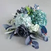 Fleurs décoratives Bouquet de petite fleur bleu artificiel avec feuilles et tige de soie fausse florale