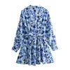 Casual Dresses Blue Floral Print Shirt Dress For Women Long Sleeve With Belt Short Office Vestidos