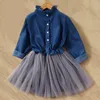 Платье для девочек осенние длинное рукав корейская версия Pommel юбка для девочек сетчатая милая детская мягкая джинсовая юбка