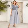 Casual Dresses Striped Color Block Belted Shirt Dress Women Summer Short Sleeve A-line Plus Size Office Maxi Long