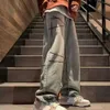 Jeans para hombres para hombres y jeans de piernas sueltas con bolsillos de mezclilla recta retro diseño de hip-hop de hip-hop informal Q240427