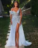 2024 Sexig blå aftonklänning Romantiska paljetter Hög splittring från axeln a-line golvlängd prom klänning vestidos de novia