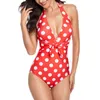 Polca de roupas de banho feminina Polca impressa One Piece Biquíni 2024 Verão Termo de banho conservador Monokini sem costas de pescoço em V MONOKINI