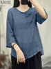 Kvinnors blusar skjortor zanzea kvinna mode solid blus 3/4 slve o nackskjorta kvinnlig avslappnad asymmetrisk hem tunika toppar elegant ol blues överdimensionerade y240426