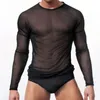 Gaze de manga longa camiseta homens redondos malha de pescoço camisetas coreanas transparente através da moda de rede sexy fio clube noturno camisetas da primavera outono do outono respirável tops de roupas masculinas