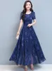 Roupas azuis vintage para mulheres maxi vestido chiffon festa floral