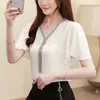 Women's Blouses Shirts Womens Tops and Blouses Women Short Slve Shirts White Chiffon Blouse Womens Clothing V-Neck Solid Color Women Blusas 3897 Y240426