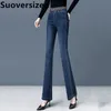 Jeans a bagliore ad alta vita per donne ricamato casual slim pantaloni primaverili primaverili di primavera tratono dritto vaqueros 240416