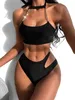 Women's Swimwear 2024 New Sexy Bikini Set Chain-Linked Halter Lace Up Swimsuit Hollow Out Split High Waist Thong Swimwear Brazilian Bathing Suits d240429