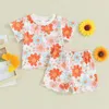 Kleidungssets Kleinkind Baby Girl Kleidung Säugling Summer Set süßes Blumendruck-Outfit Kurzarm T-Shirt Top Elastic Anzug