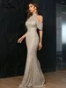 Party Dresses Missord Rose Gold Sequin Evening Women Elegant High Collar Raglan Sleeve Cut-Out Bodycon Maxi Dress Long Prom Gown