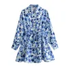 Casual Dresses Blue Floral Print Shirt Dress For Women Long Sleeve With Belt Short Office Vestidos