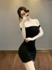 Повседневные платья Womenengaga Корейская осенняя сексуальная слабая рукавица квадратный воротник
