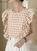 Blouses voor vrouwen shirts zanzea casual plaid blusas zomer ruches stiksels sluppelige vrouwen blouses checked o nek elegante Koreaanse mode shirts tops y240426