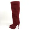 Boots Fashion Women't Shoes Pointed Toe High Heels Knee Wine Red Faux Suede Ladies Winter Autumn Party Outfit Footwear Pull On