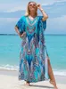 Boheemian Seaside Plus Size Print Kaftan Maxi Dress V Neck Slit Loose Robe Women 2024 Zomer Beachwear Swimsuit Cover -ups Q1415 240418