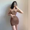 Casual Dresses WOMENGAGA Summer Sexy Hollow Halter Lace-up Dress Women's Party Tight-fitting Brown Bag Hip Stretch Short 5C4H