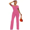Womens Two Piece Outfits Spring 2 Pcs Pant Set Black Pink Rib Short Sleeve Square Neck Top Long Pant Suit Casual Clothes