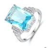 Wedding Rings Fashion Female Big Water Blue Stone Ring Cute Sier Color Crystal Zircon Promise Engagement For Women Drop Delivery Jewe Dh2Hw
